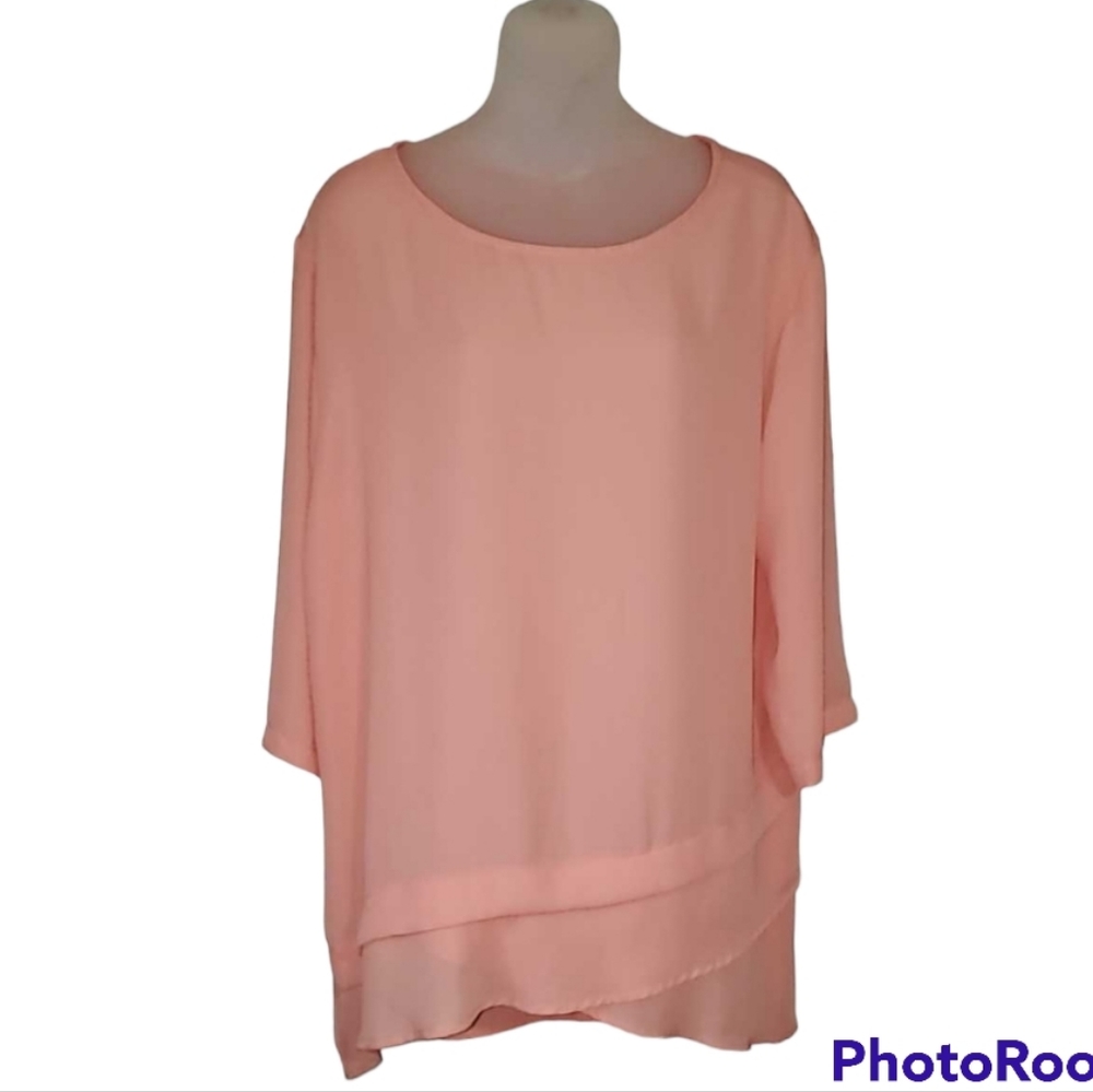 MISSLOOK Chiffon Top Peach Pink Solid Color Pullover Short Sleeve Large